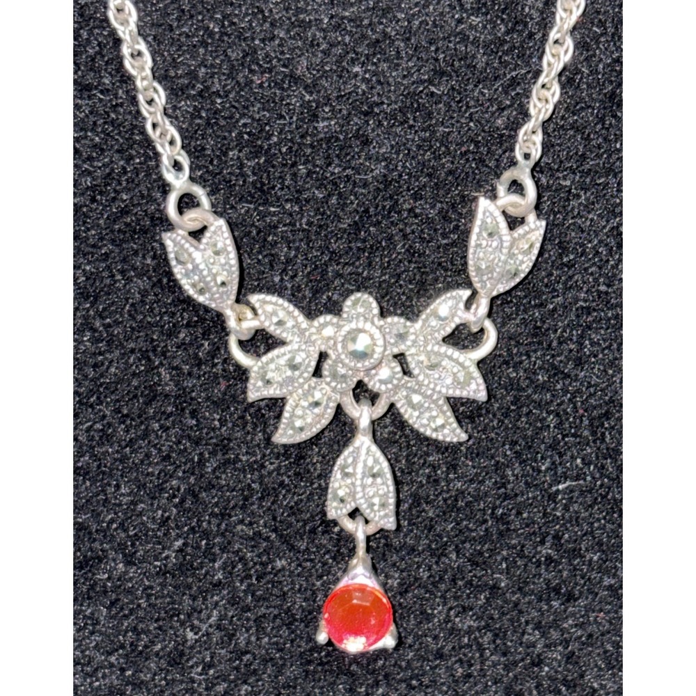 925 Sterling Silver Marcasite Art Nouveau Style Pendant Necklace With Pink Stone